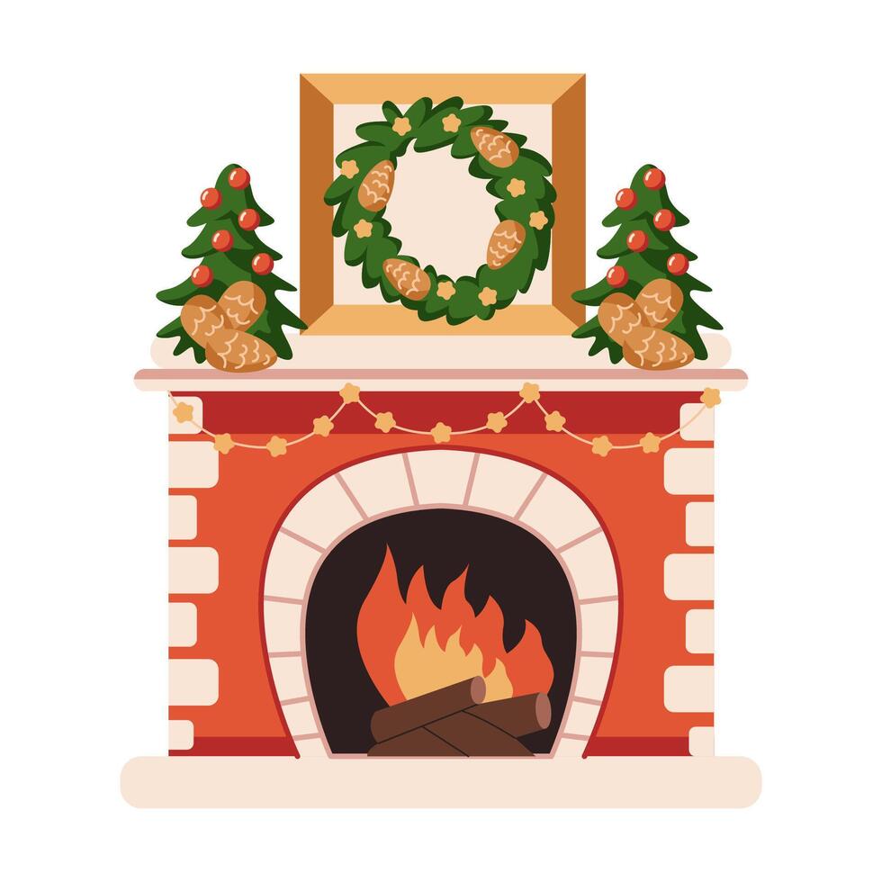 Cozy fireplace adorned with Christmas trees and wreath flat color object. Peaceful holiday warmth at home illustration on white background vector