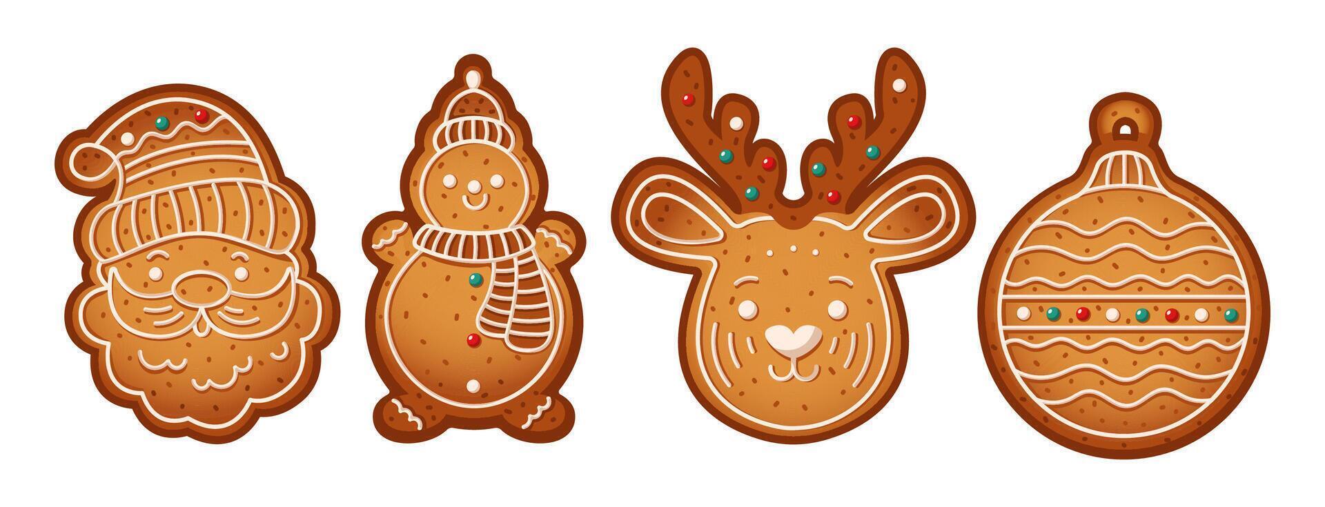 Various gingerbreads for Christmas party color objects set. Delicious homemade cookies illustrations bundle on white background vector