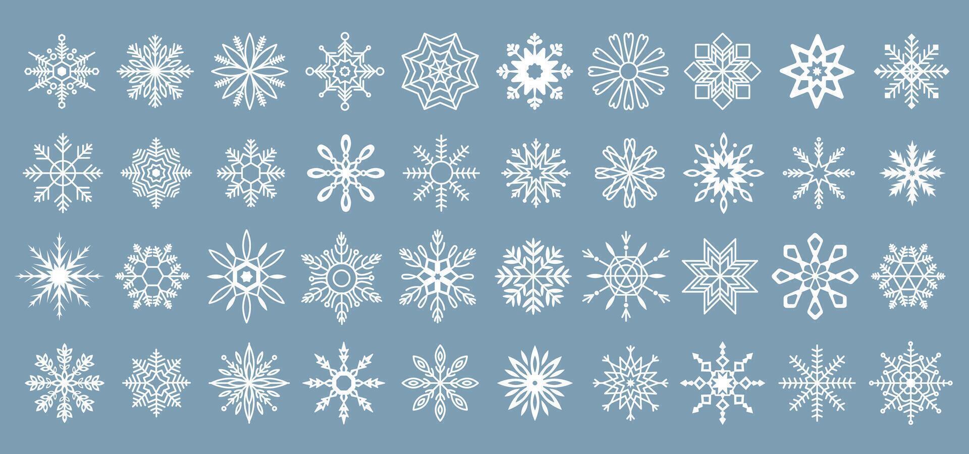 Simple snowflakes creating winter festive atmosphere white linear icons collection. Beauty of unique ice crystals objects set on blue background vector