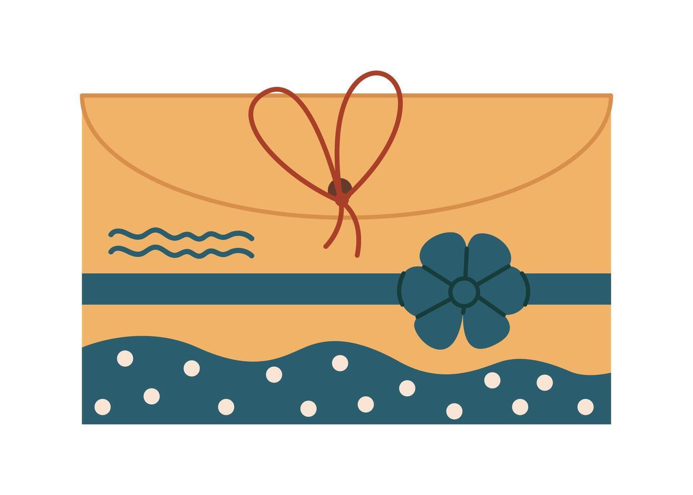 Elegant Christmas envelope tied with red string flat color object. Cute packaging for holiday correspondence illustration on white vector