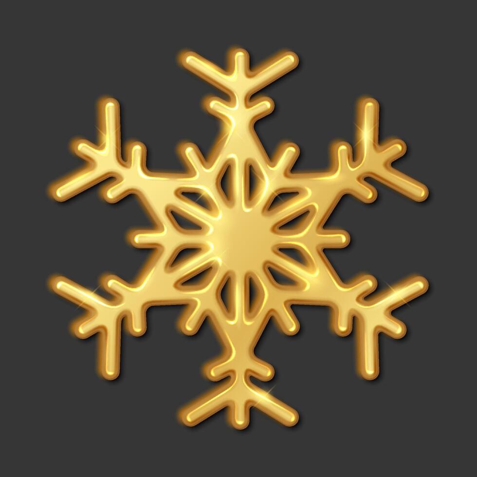 Golden metal snowflake sparkling realistic illustration. Festive atmosphere Christmas decoration 3d object on black background vector