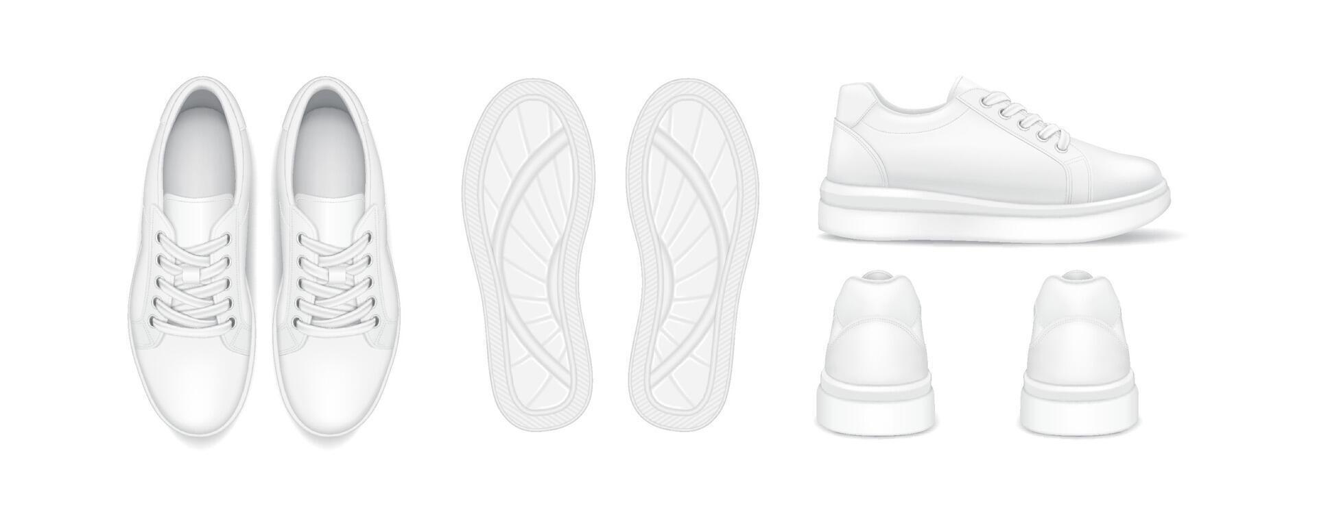 Training sneakers design realistic illustration set. Athletic shoes for running comprehensive view 3d models on white background vector