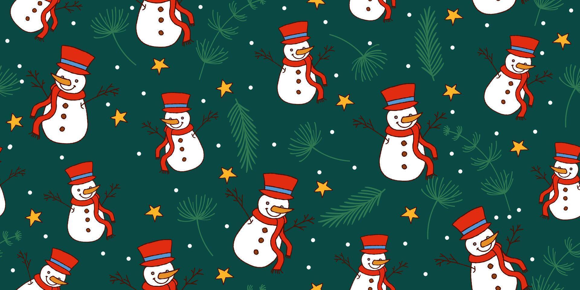 Seamless Pattern with Snowman and Fir Branches with Yellow Stars on a Green Background. Cute winter background perfect for web, wrapping paper, fashion, cards, banners vector