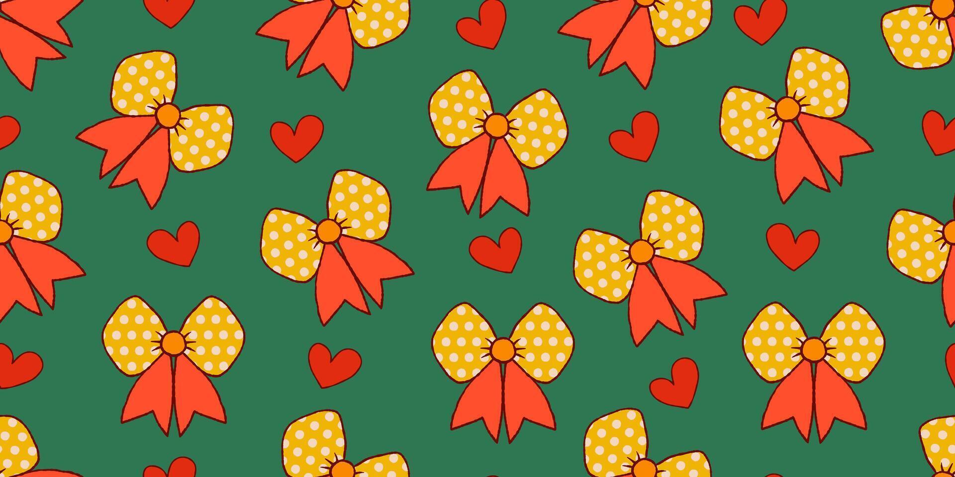 Seamless Pattern with Colorful Bows, Ribbons and Red Hearts on Green Background. Christmas trendy holiday pattern perfect for wrapping paper, web, print, fashion, cards. vector