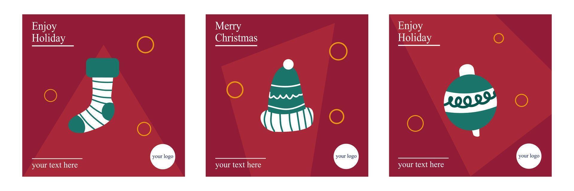 Set of Merry Christmas And Happy New Year greeting card with typography in red background vector
