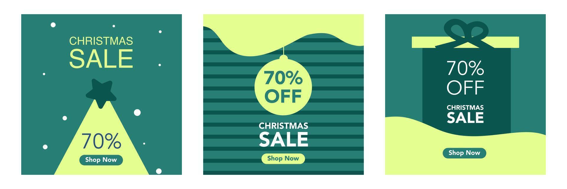 Set of Merry Christmas and Happy New Year Sale square template with green color vector