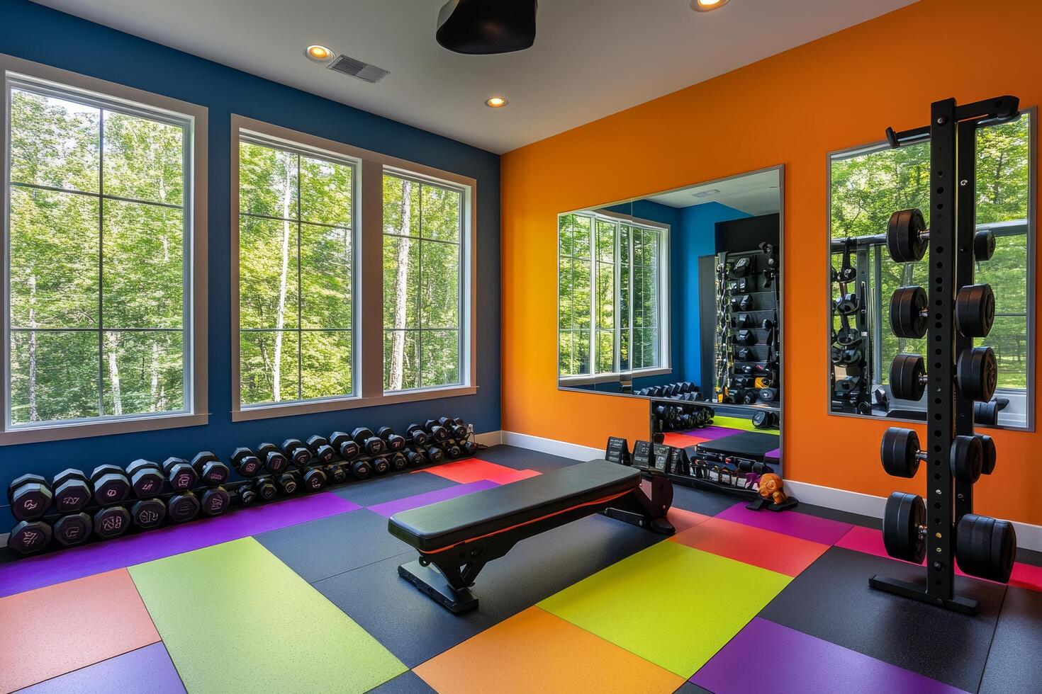 Colorful gym with a purple and green mat on the floor photo