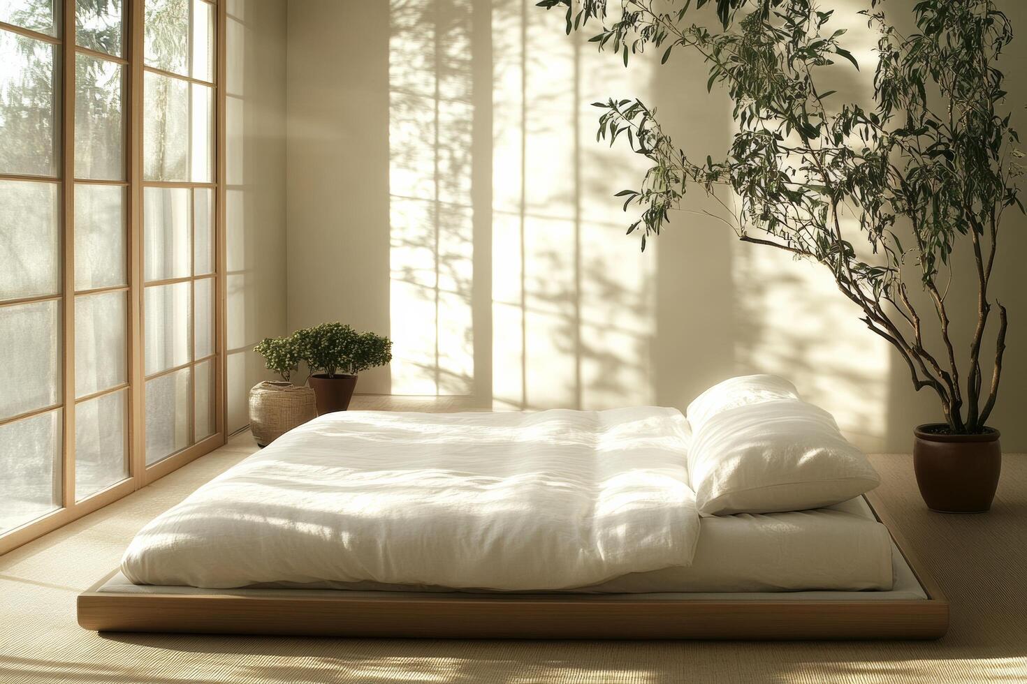 White bed with a white comforter photo