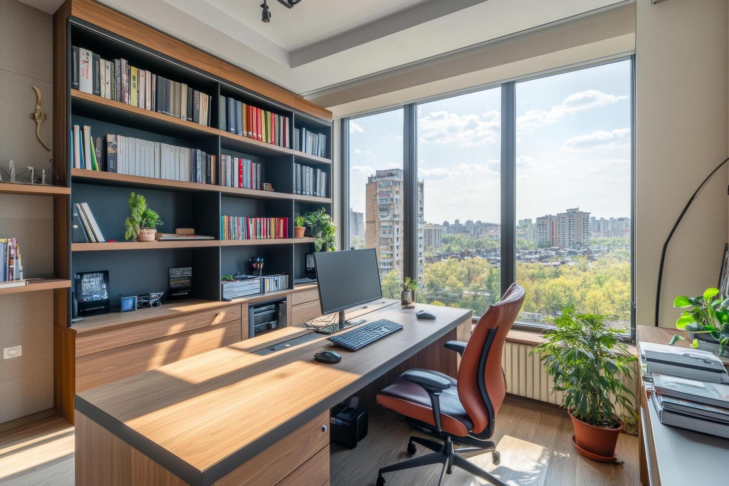 Large window office with a desk, chair, and potted plant photo
