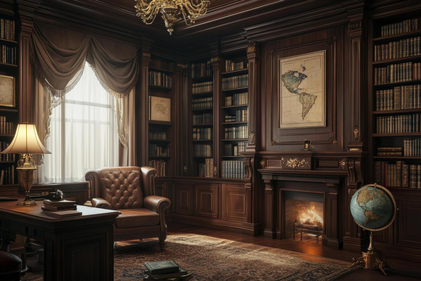 Large room with a fireplace and a chair photo