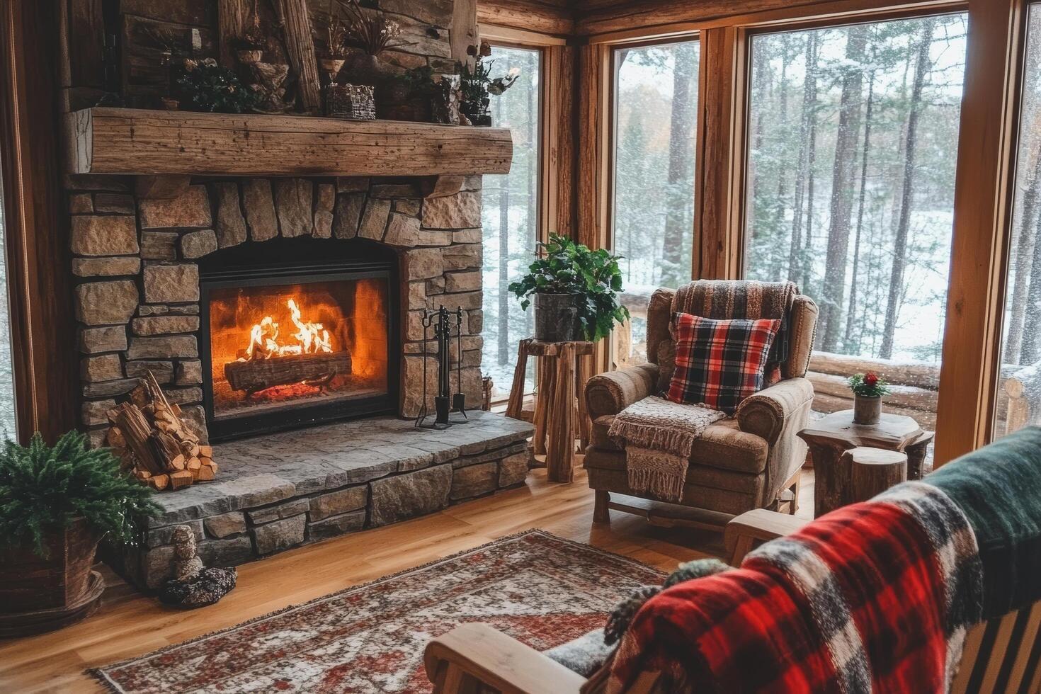 Cozy living room with a fireplace, a chair, and a couch photo