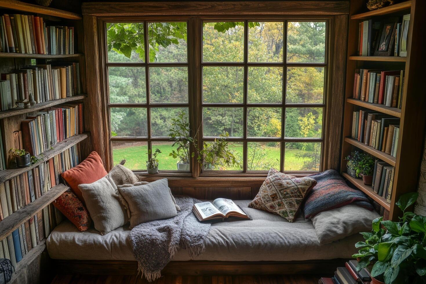 Cozy reading nook with a large window and a comfortable bed photo