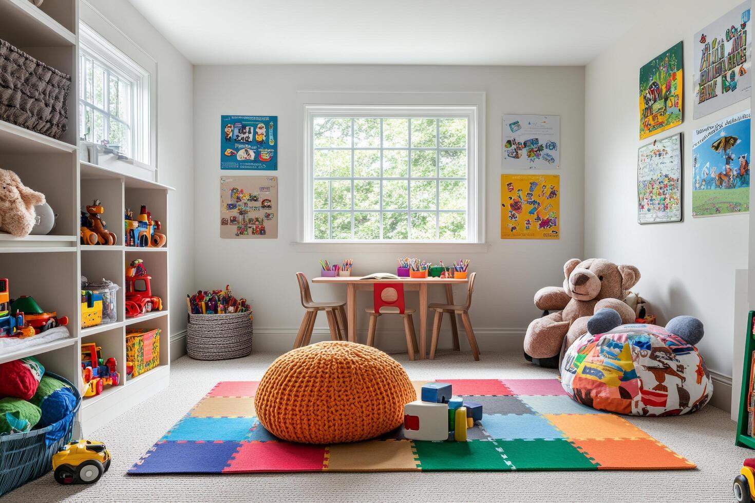 Colorful playroom with a teddy bear and a window photo