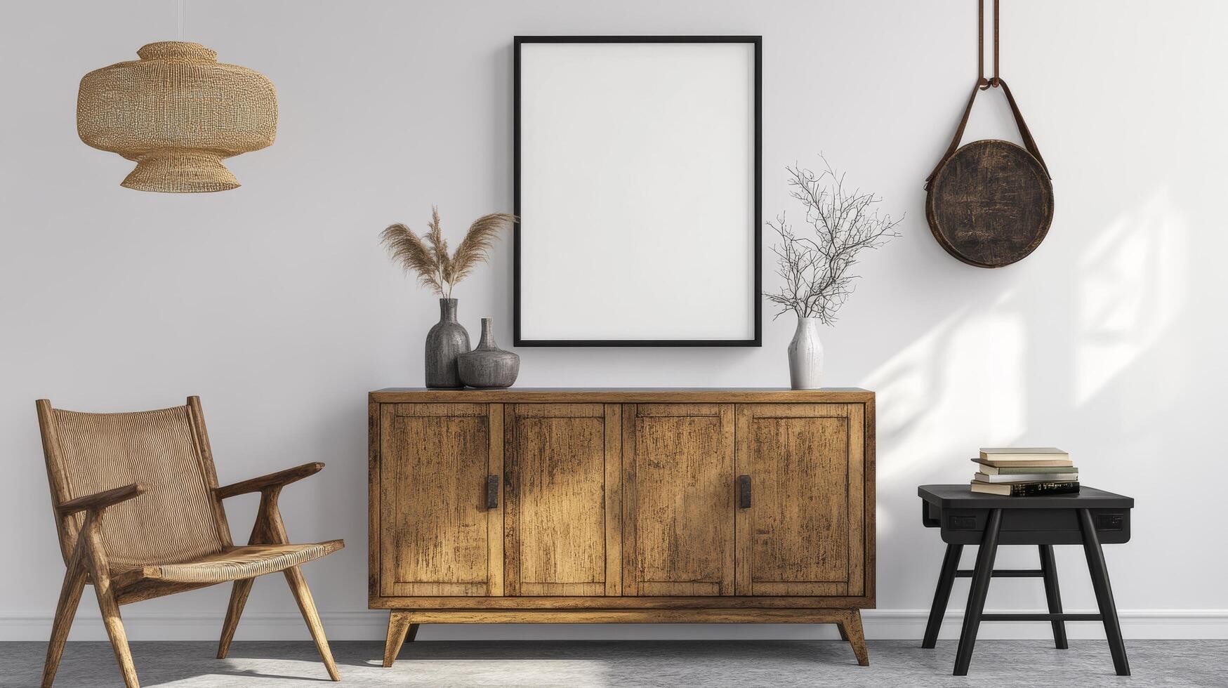Room with a wooden dresser and a chair. Mockup. photo