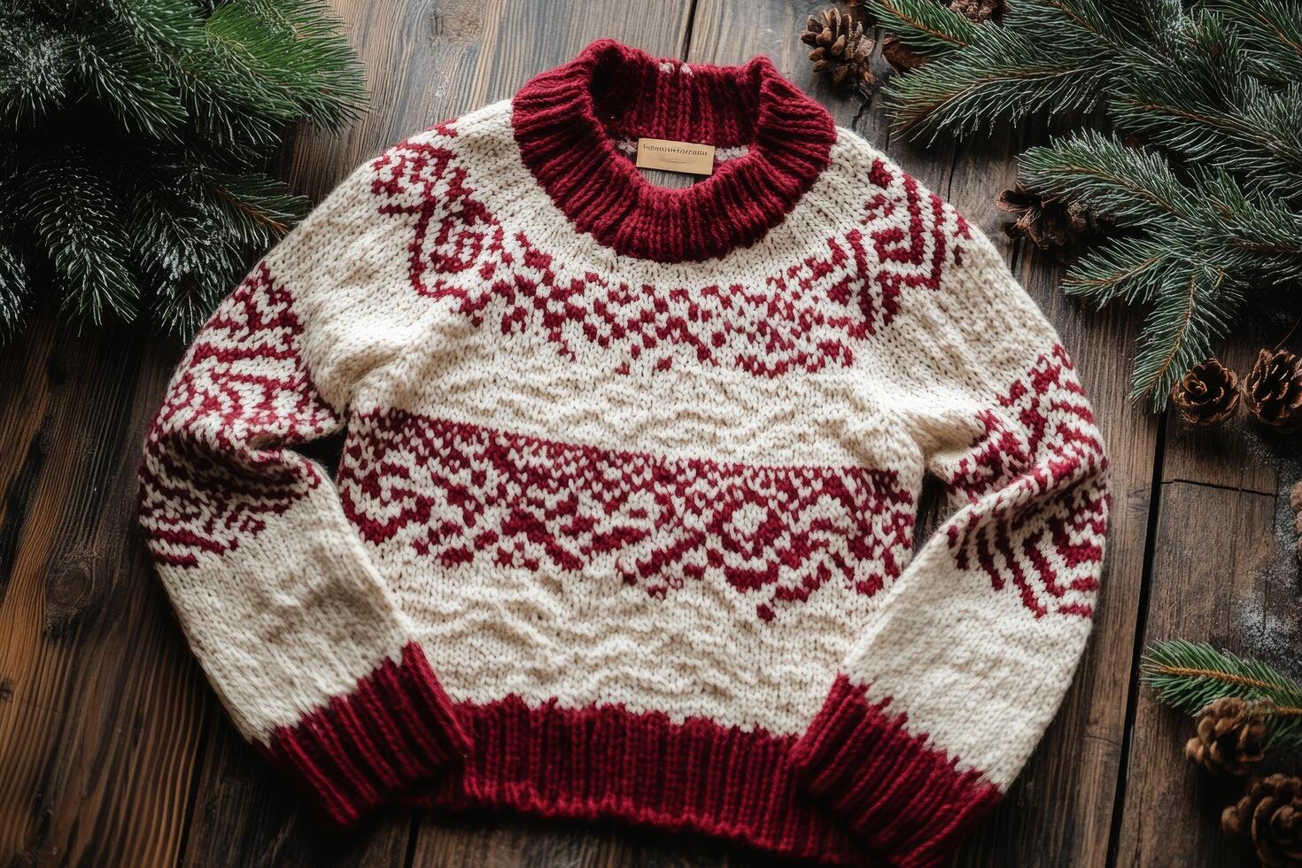 Knitted sweater with red and white stripes is sitting on a wooden table photo