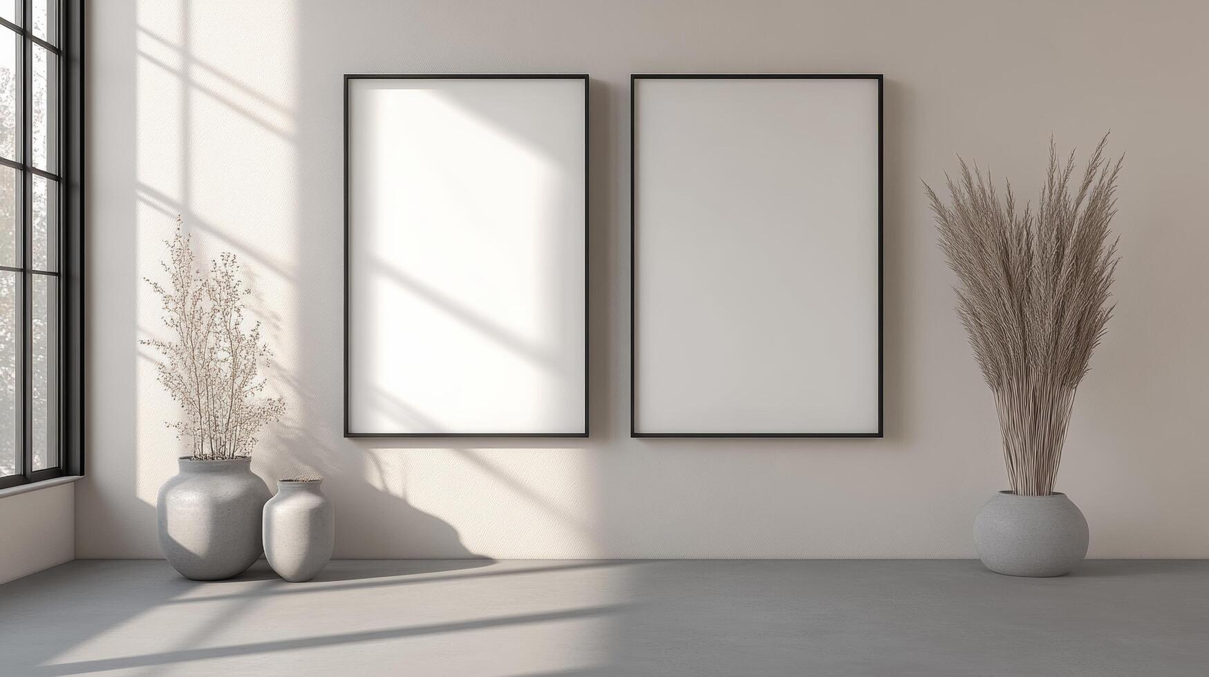 White room with two empty picture frames on the wall. Mockup. photo