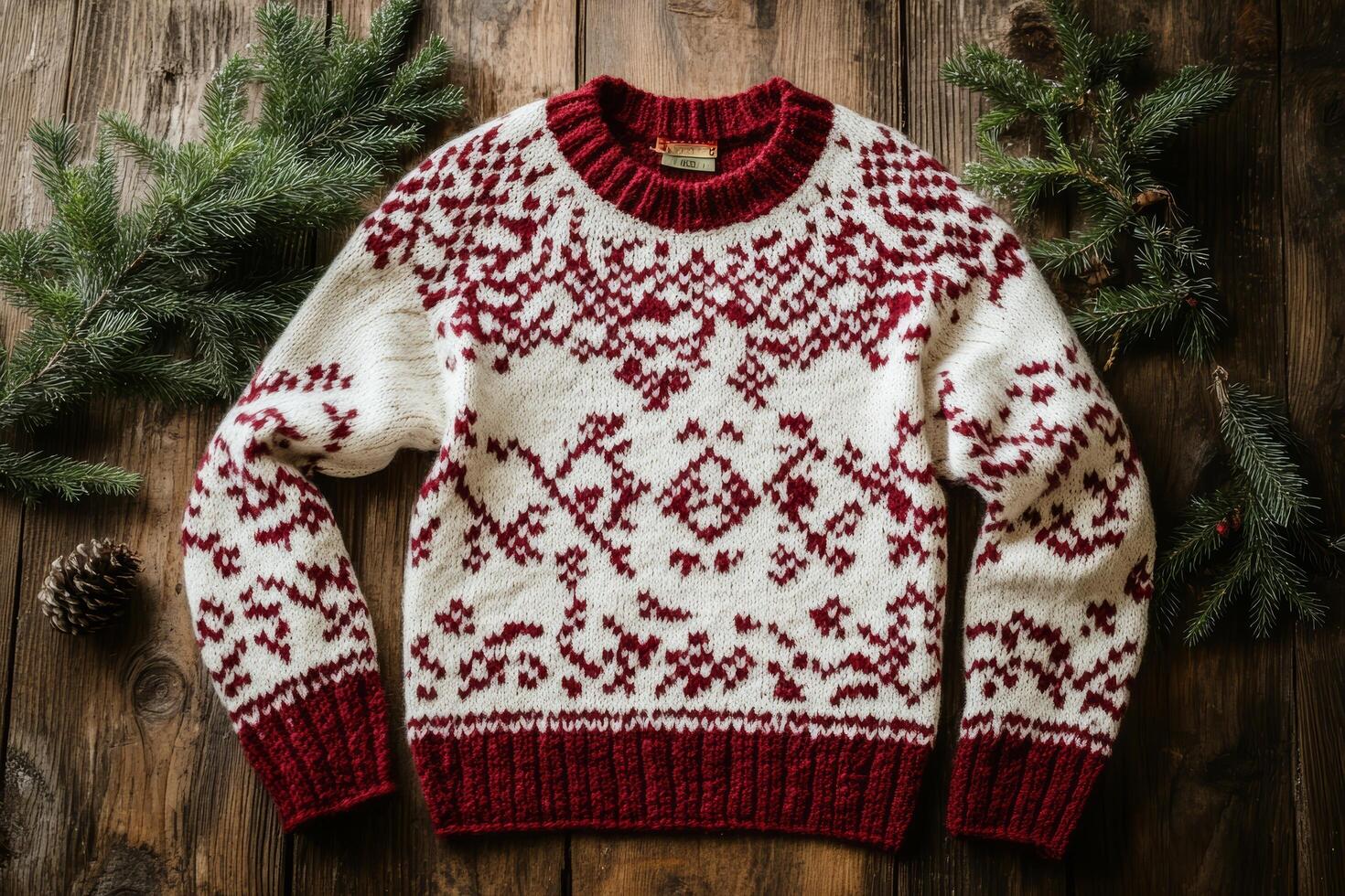 Knitted sweater with a red and white pattern sits on a wooden table photo