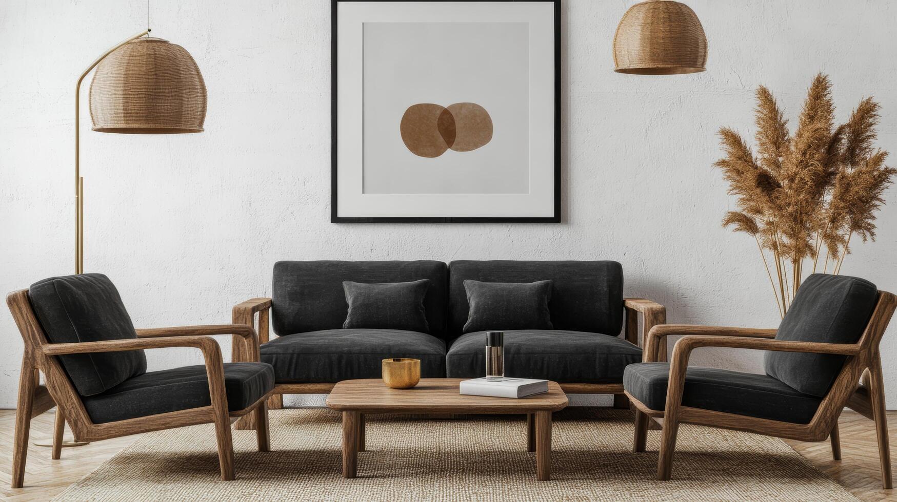 Living room with a black couch, two chairs, and a coffee table. Mockup. photo