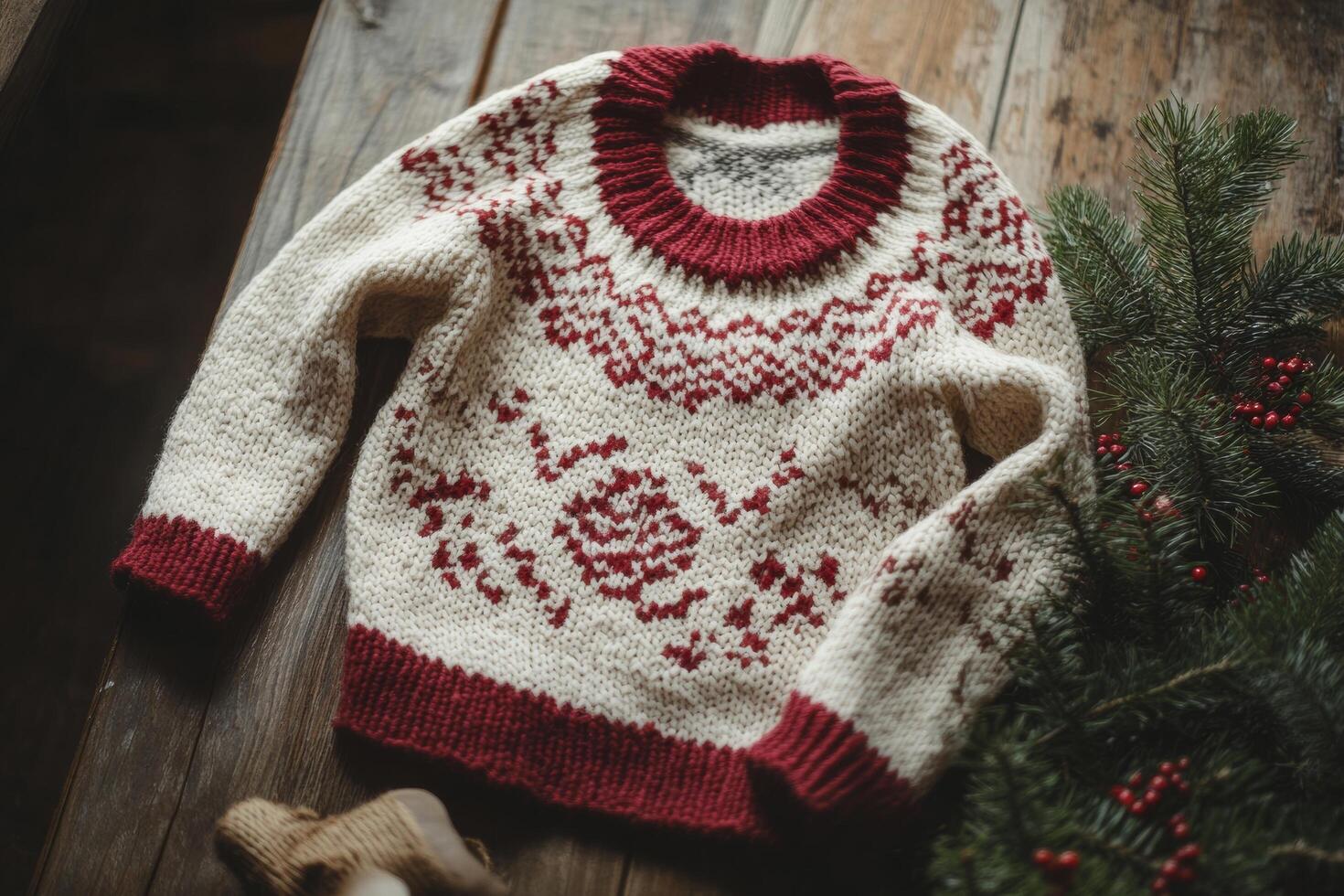 Knitted sweater with red and white stripes is sitting on a wooden table photo