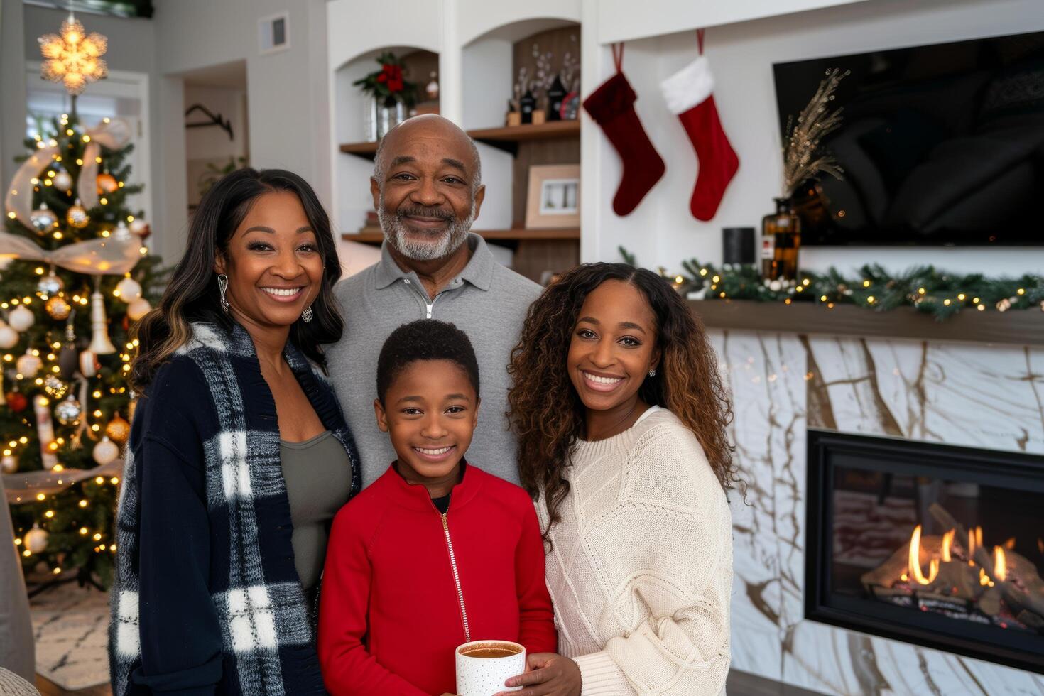 Family of four posing for a picture in front of a Christmas tree photo