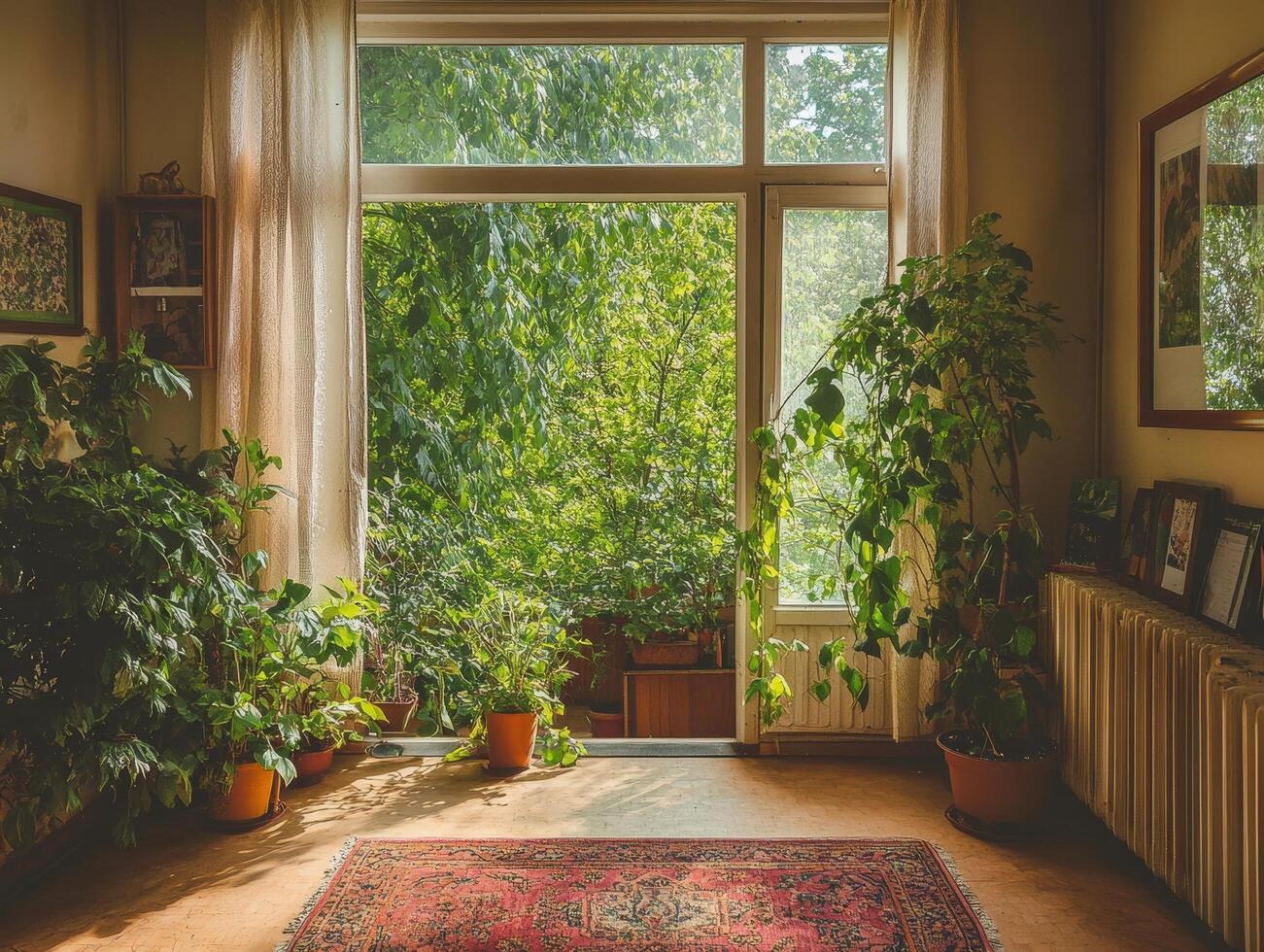 Room with a large window and a red rug photo