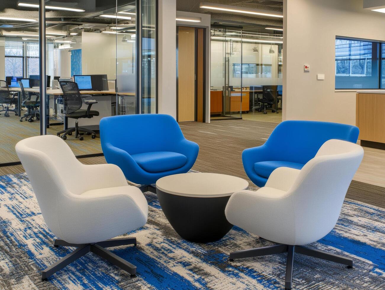 Group of chairs and a table are arranged in a room with a blue carpet photo