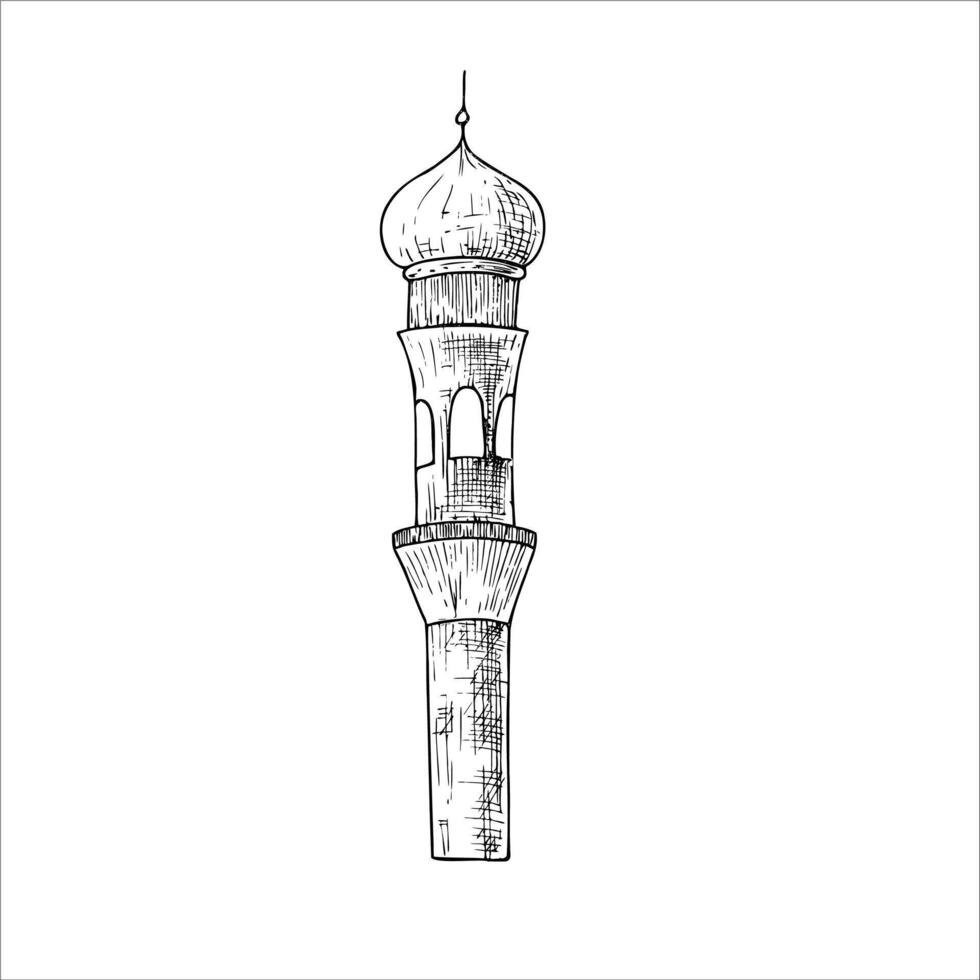 Islamic minaret. Graphic illustration mosque, tower isolated on white background. Muslim hand drawn line sketch, holiday Ramadan Kareem or Eid Al Adha 2025. For designers, prints, postcards vector