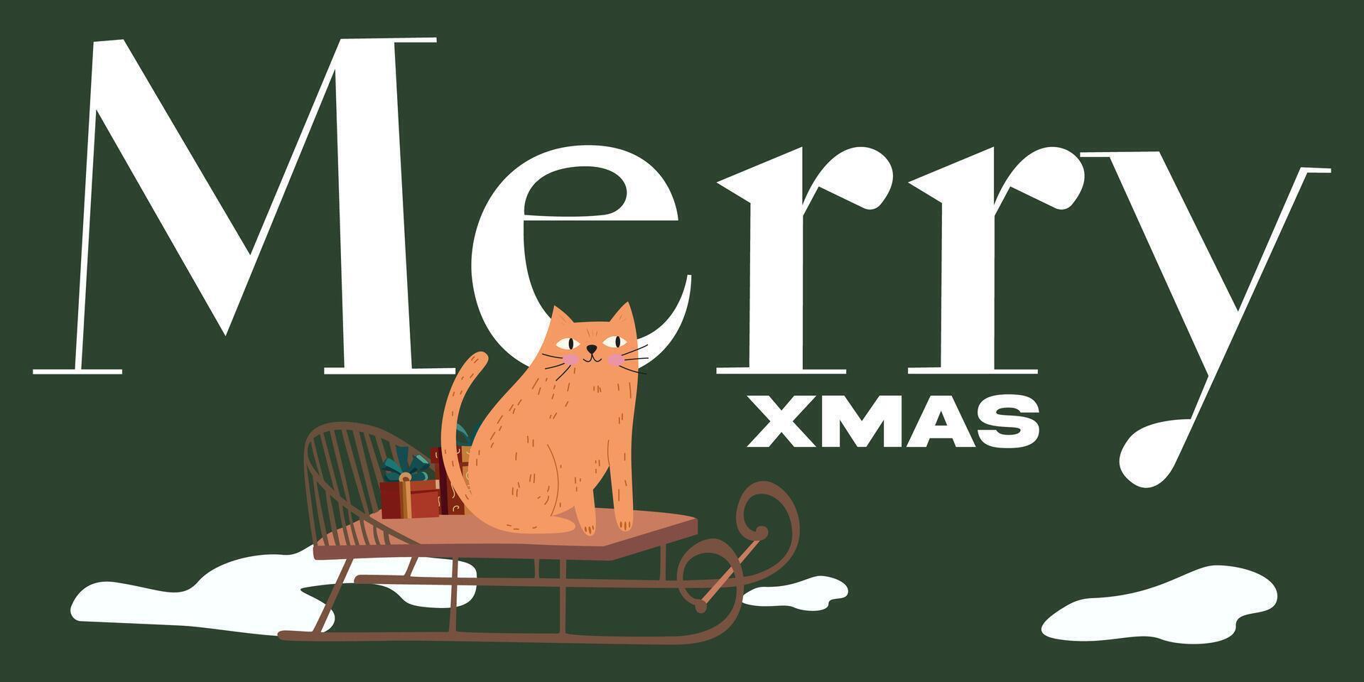 Merry Christmas and Happy New Year retro background with inscription. Winter greetings card with cute funny cats. Cats play with Christmas toys, sitting in present box and sitting on a sled vector