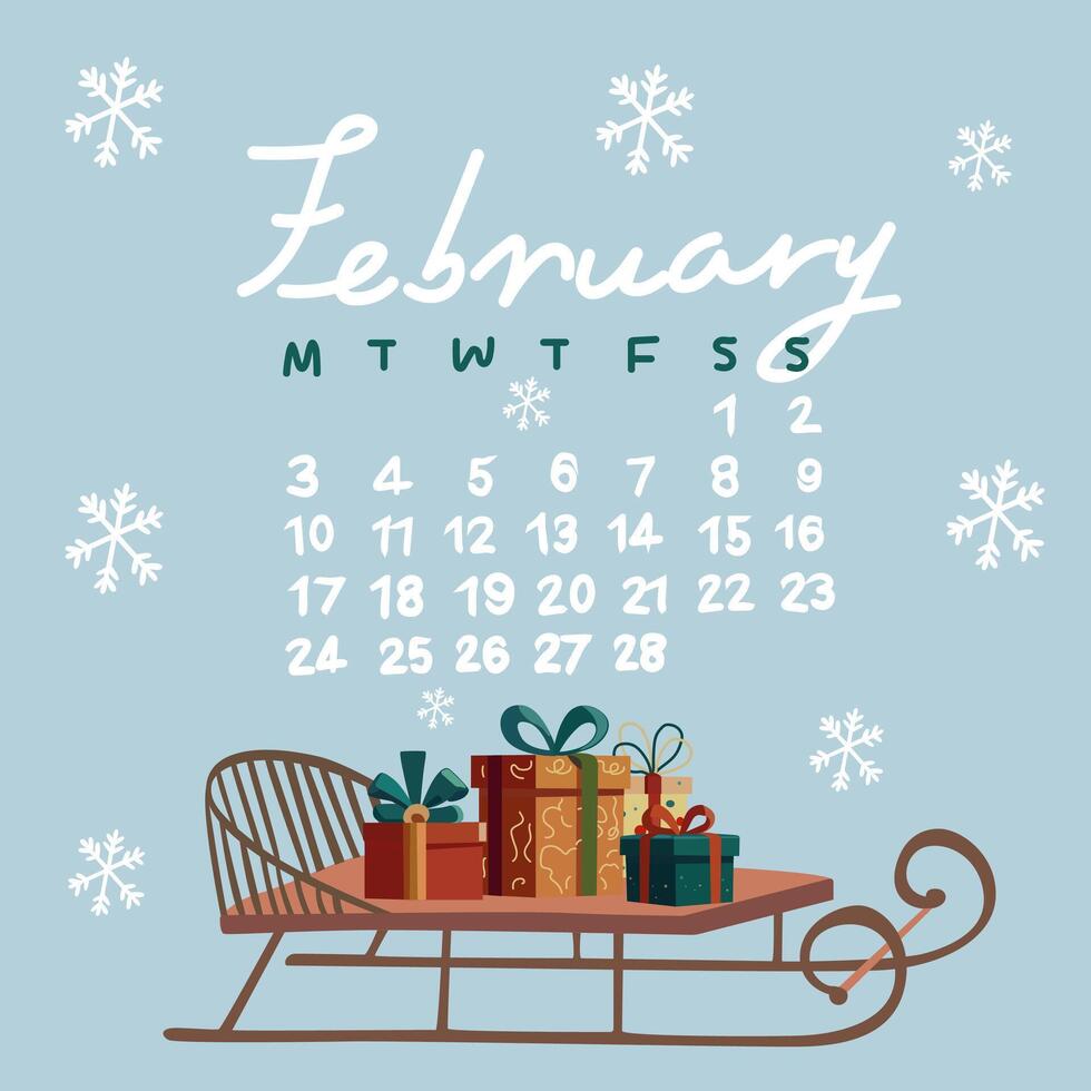 Cute New Year winter calendar. February 2025 calendar. Wooden sleigh with Christmas presents vector