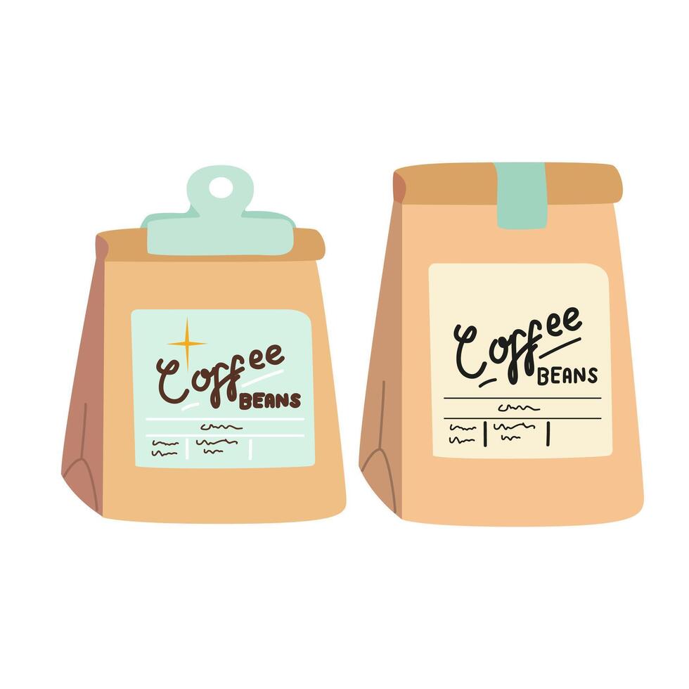 Coffee beans in kraft paper retro stickers set. Vintage posters for coffee shop. Coffee beans in a bag vector