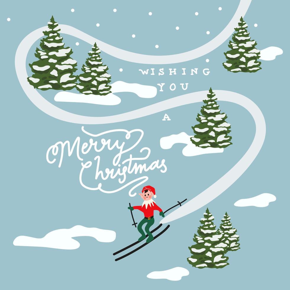 Wishing you a Merry Christmas background. Holiday greeting card with Christmas decorated tree, falling snow and elf on skis vector