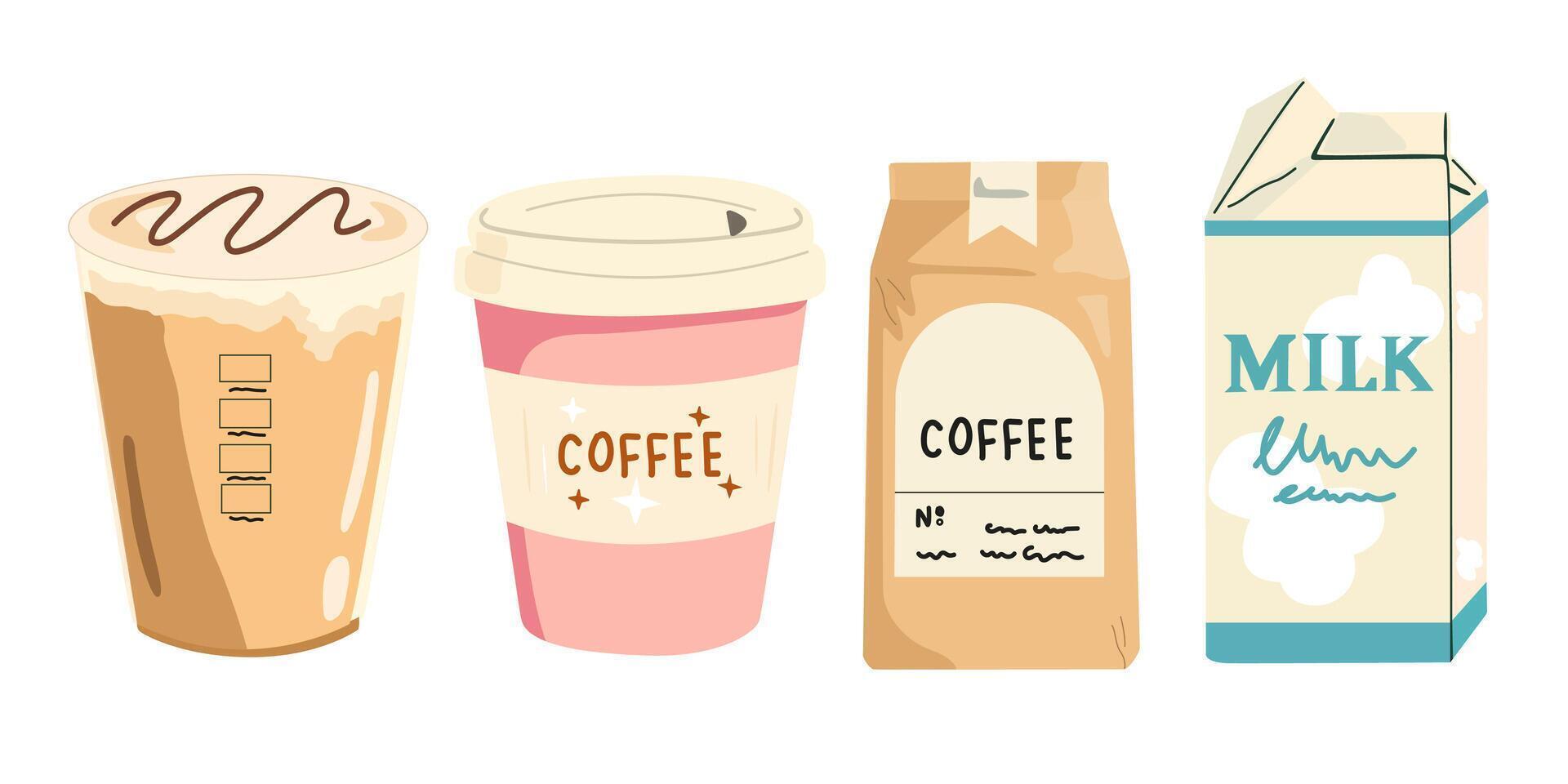Coffee stickers set for coffee shop. Retro posters for the kitchen. Coffee beans in kraft paper, latte in a paper cup. Coffee to go vector