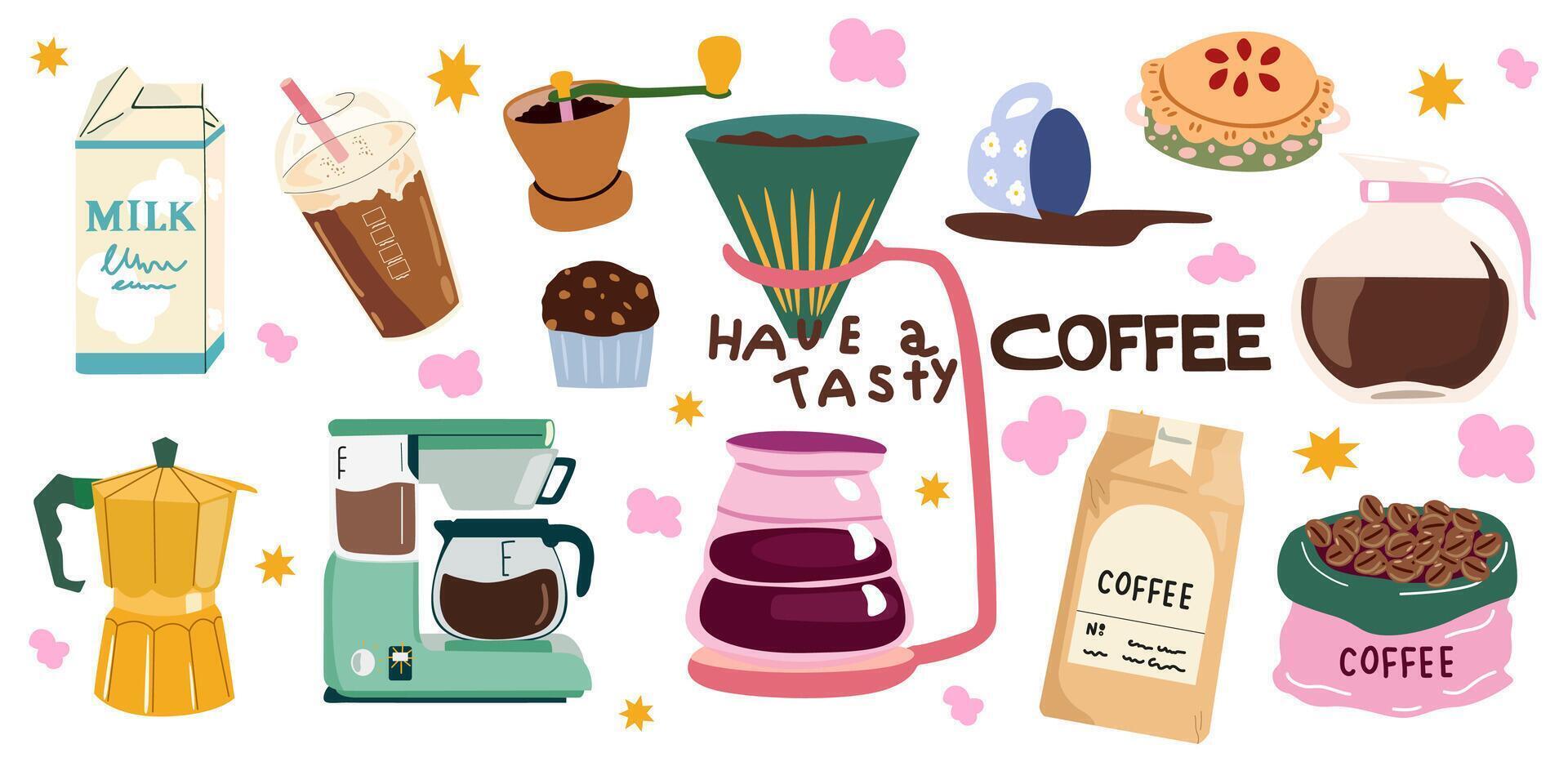 Hot aroma coffee drinks. Retro flat elements perfect for cafe menu, coffee shop. Coffee maker, beans in kraft paper, paper cup, teapot and snacks for breakfast. Retro icons vector
