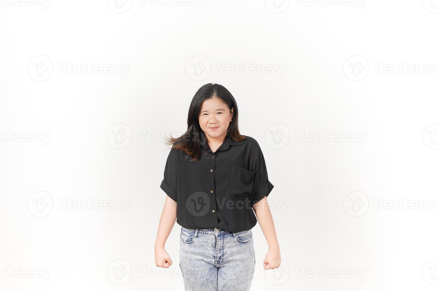 beautiful Asian woman in an angry pose, shouting with frustration, her intense expression clear against a white background photo