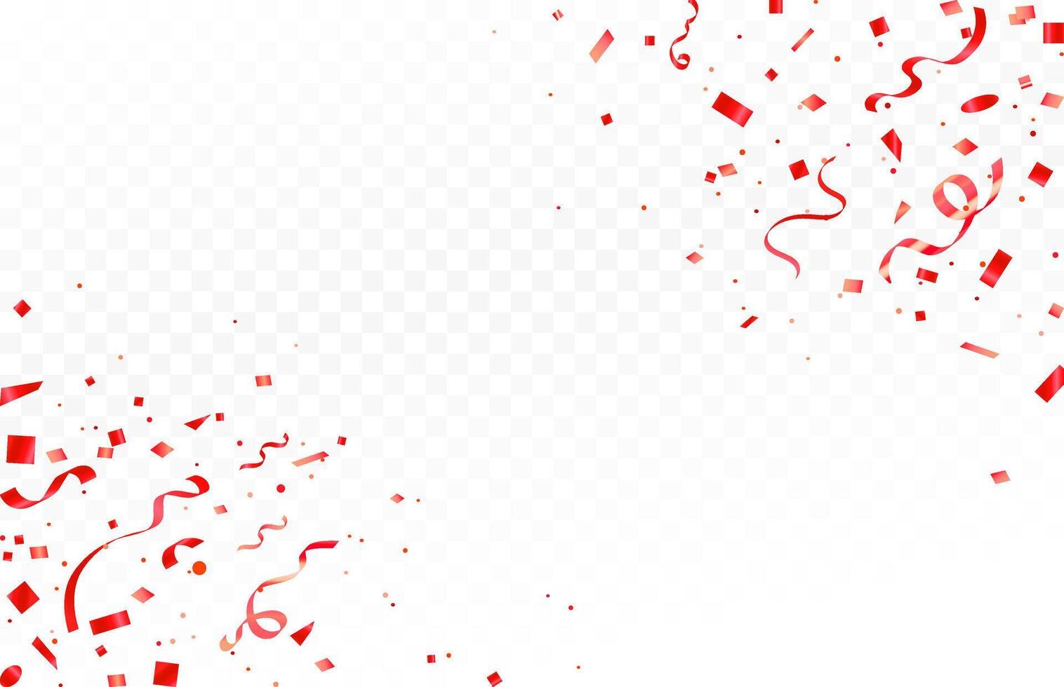 Celebration background template with confetti and red ribbons. Shiny carnival decoration. Bright festive tinsel of red color. vector
