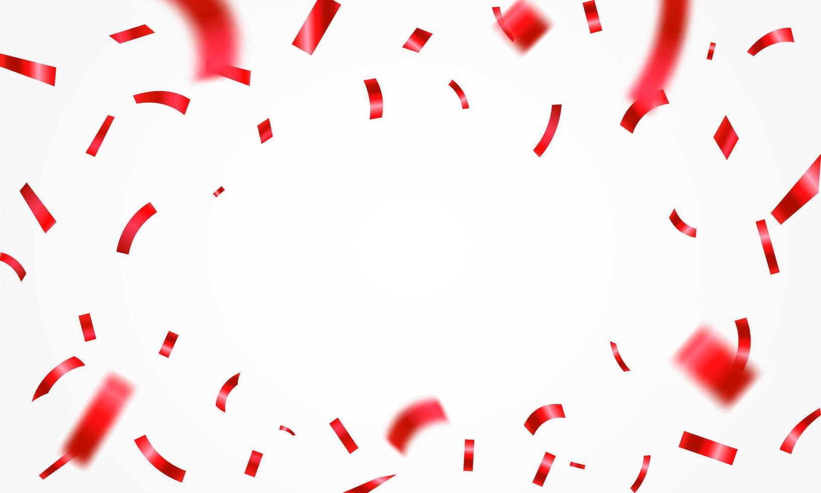Confetti explosion on white background. Shiny red confetti isolated. Ribbons. Defocused elements. Party, birthday, Holiday banner template. vector