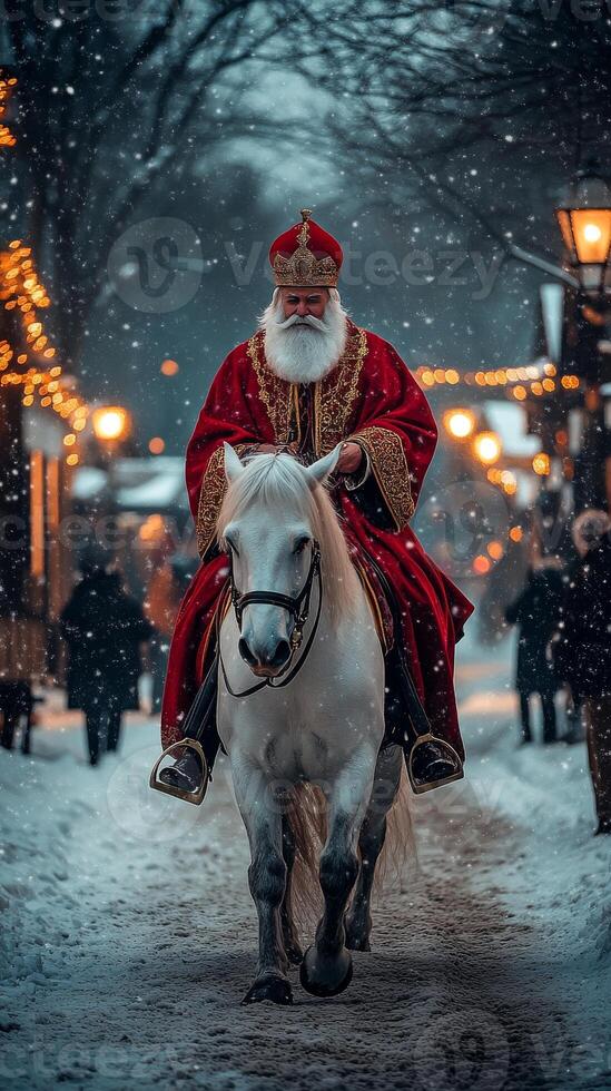 Saint Nicholas dressed in red bishop robe, riding white horse through snowy village. Vertical banner photo