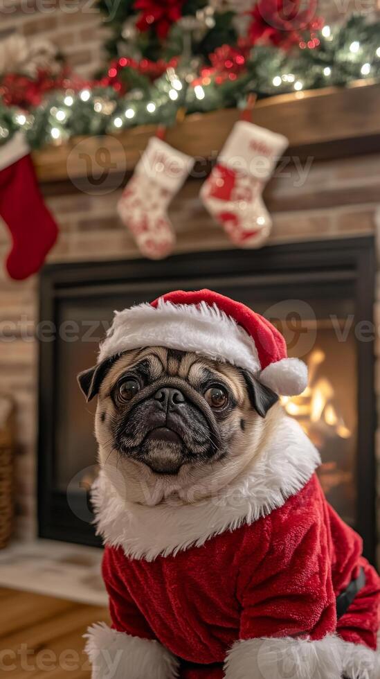 A pug dog in a Santa Claus costume with a red hat, sitting by a fireplace. Christmas vertical banner photo