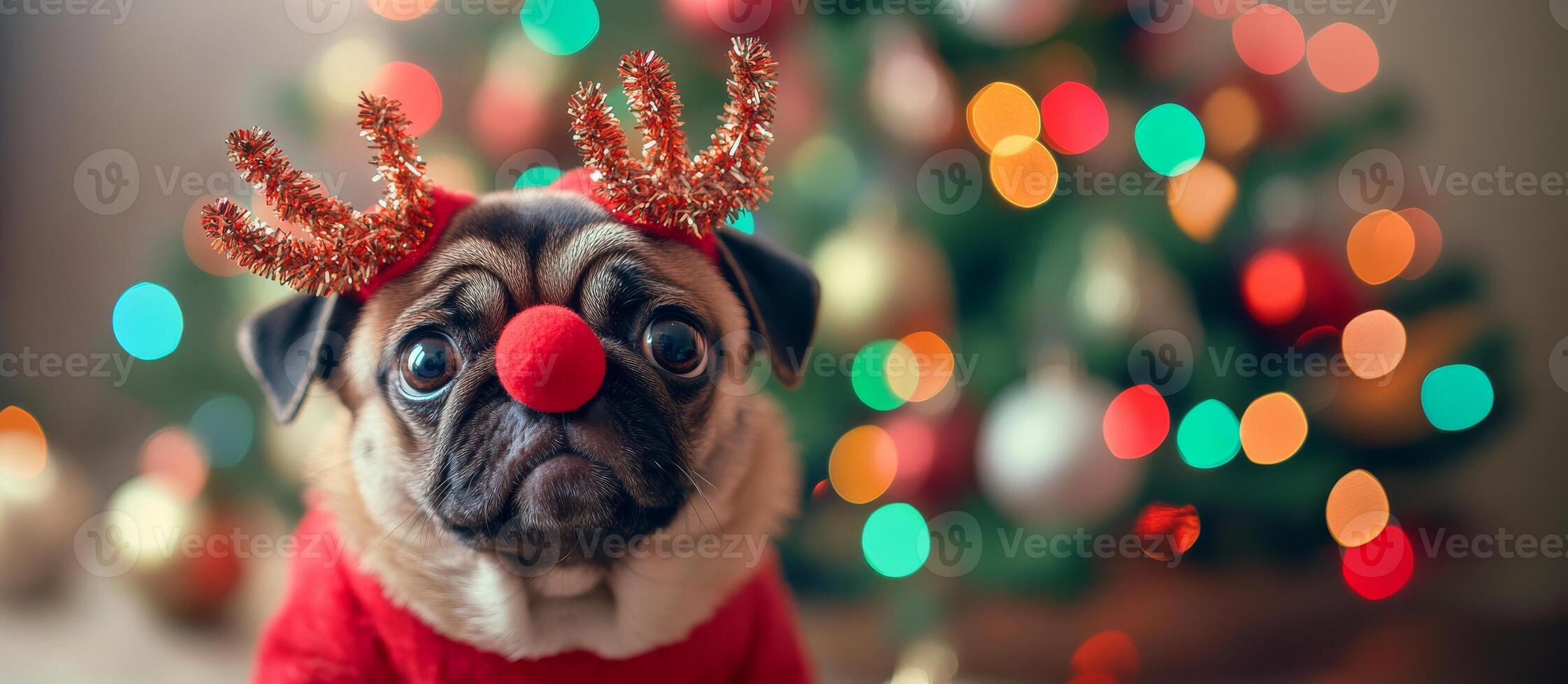 Pug dog in reindeer costume with antlers and red nose, near Christmas tree. Wide banner, copy space photo