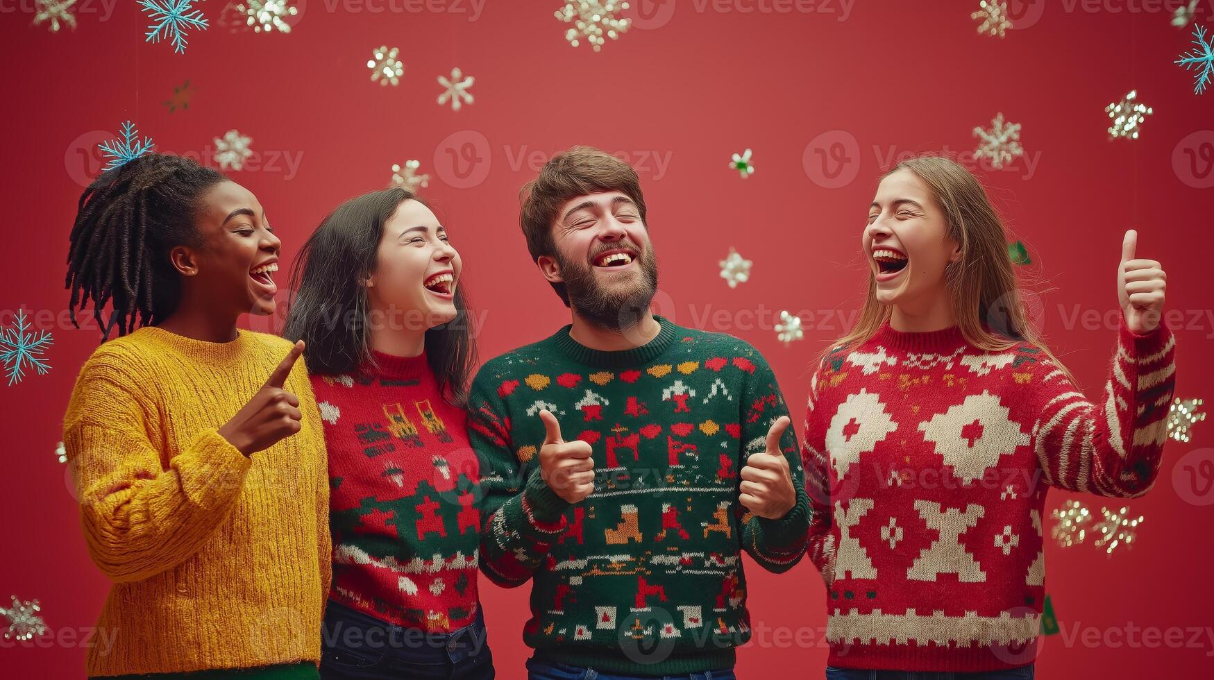 Friends in ugly Christmas sweaters, posing joyfully with thumbs up, red background with snowflakes photo