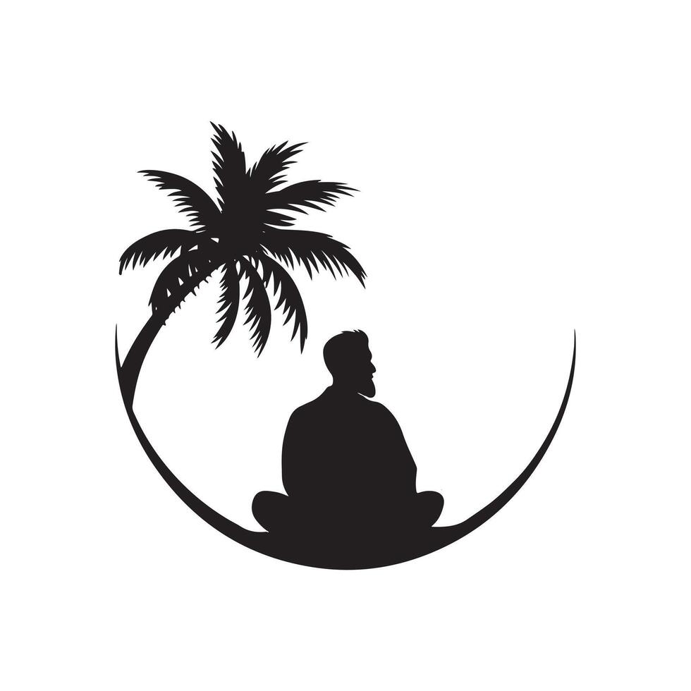 A man sitting under a palm tree with a cross in the middle vector