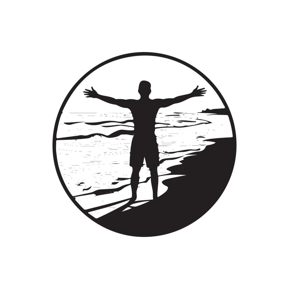 A silhouette of a man standing on the beach with his arms outstretched vector