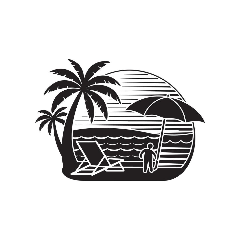 A black and white logo of a beach with palm trees and a chair vector