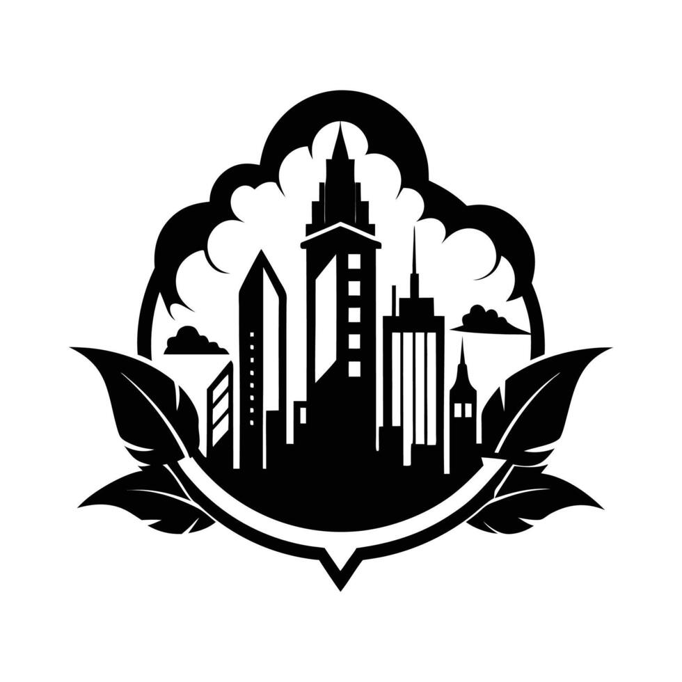 A black and white logo of a city with leaves vector