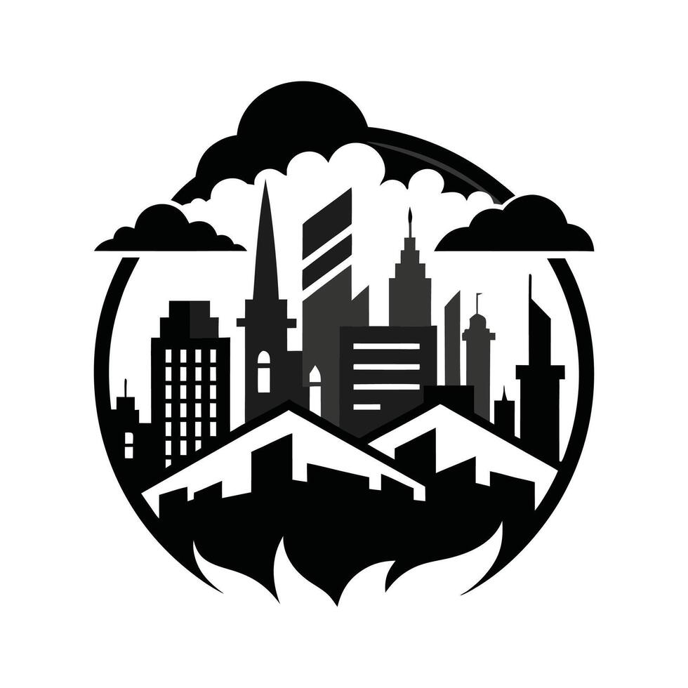 A black and white logo of a city with a fire vector