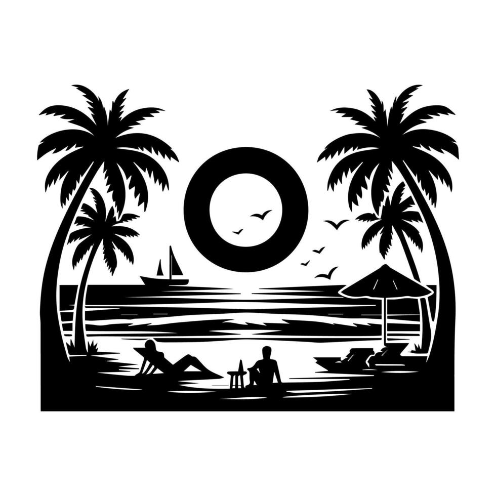 A black and white illustration of a couple on the beach vector