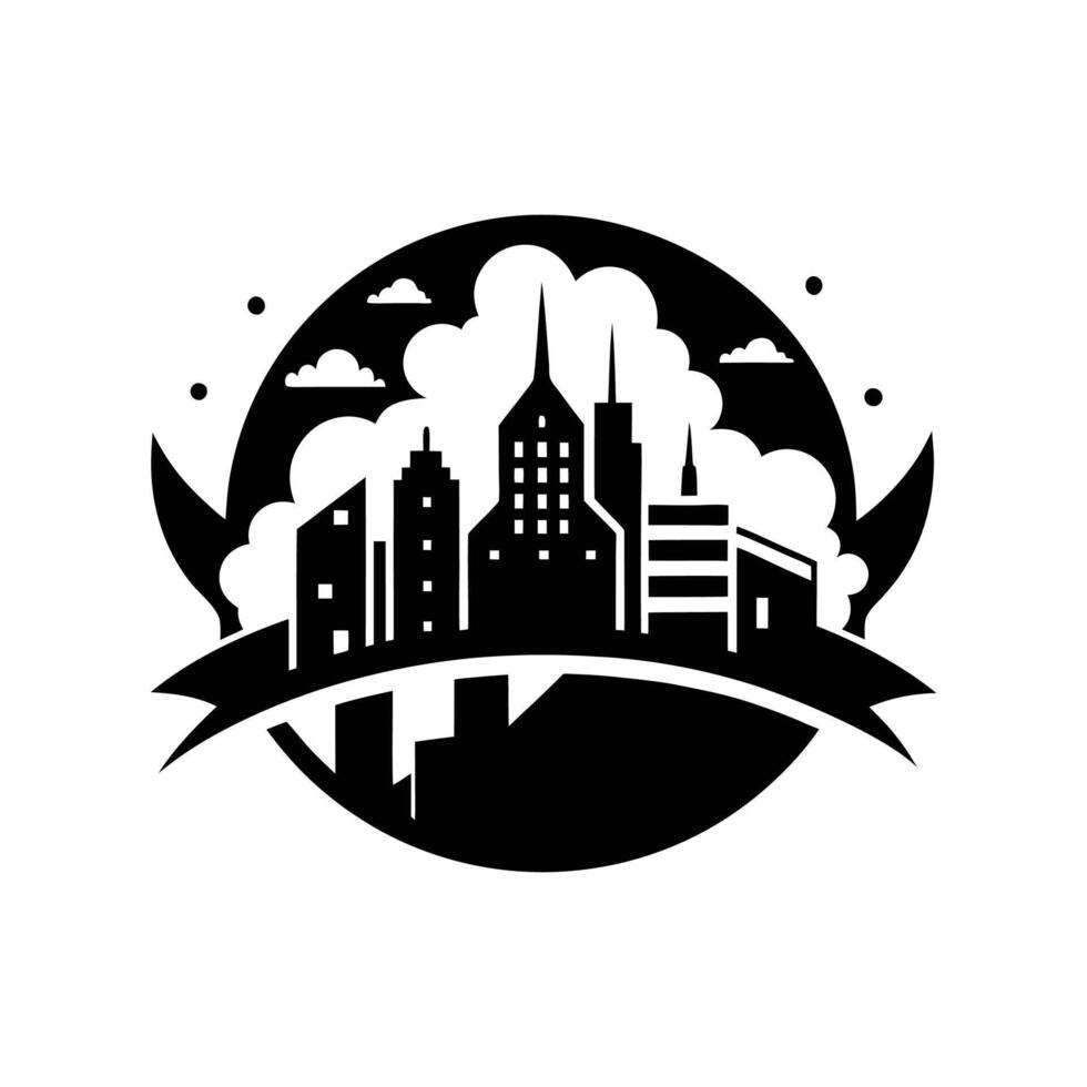 A black and white logo of a city with buildings vector