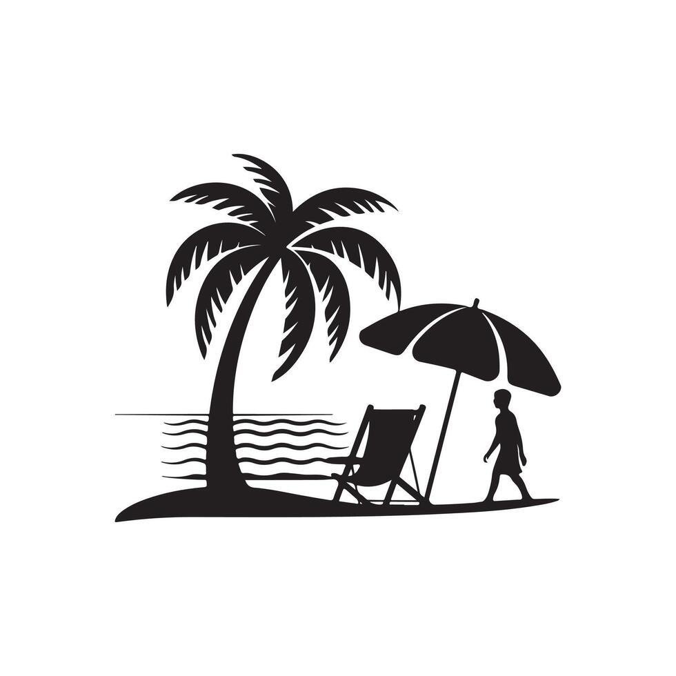 A black and white silhouette of a man and a chair under an umbrella vector