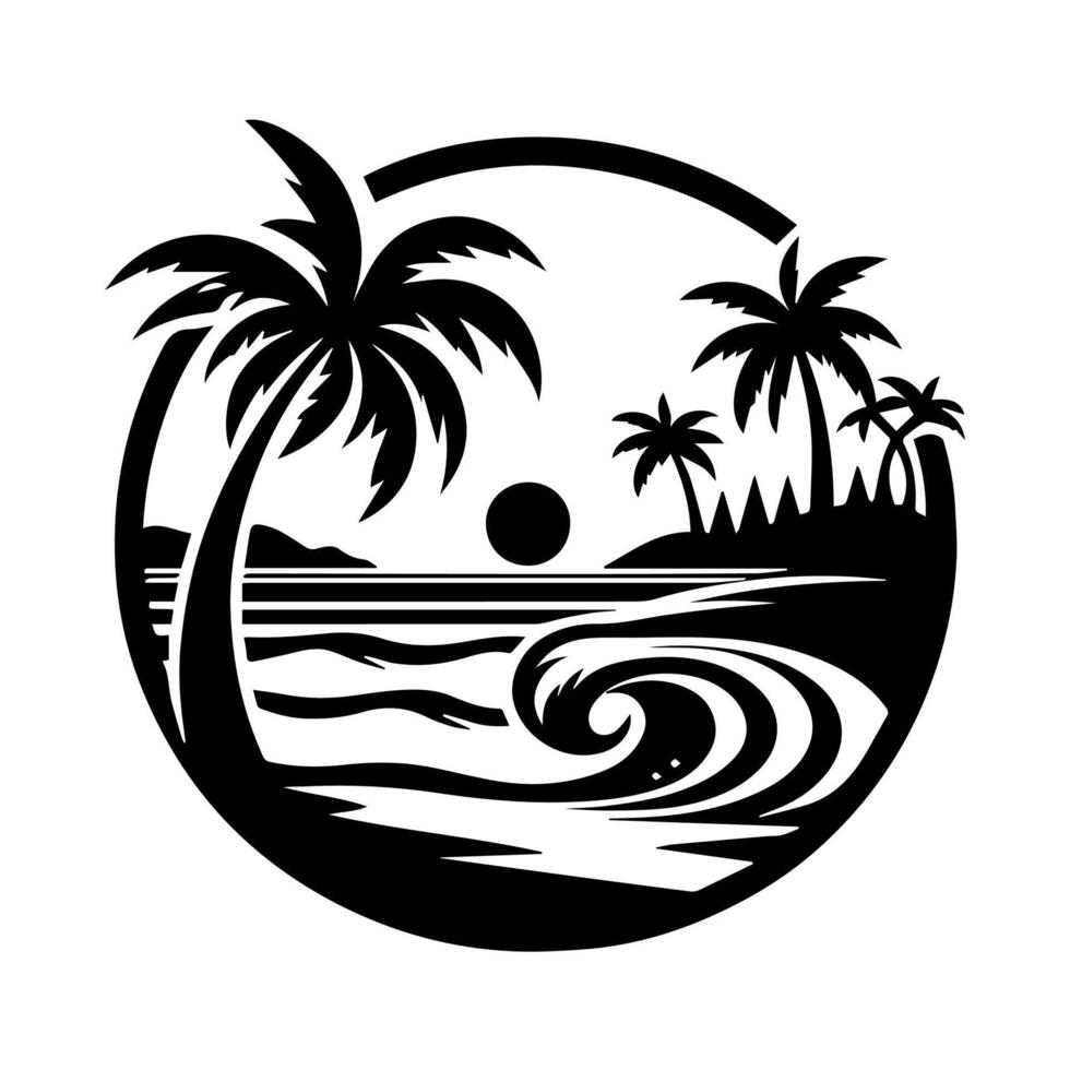 A black and white logo of palm trees and waves vector
