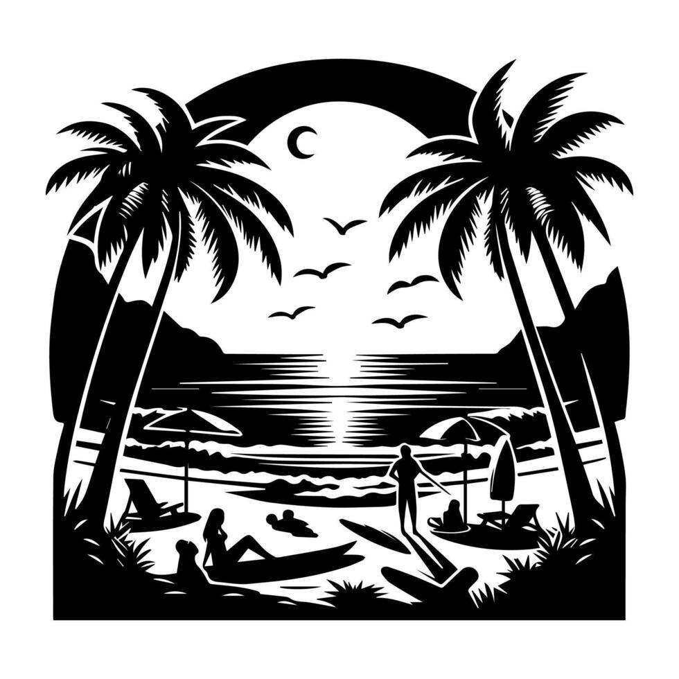 A black and white drawing of a beach scene vector